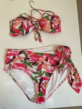 Nicole Miller Floral Bikini Set High Waisted Wrap Tie Bottom Size Large